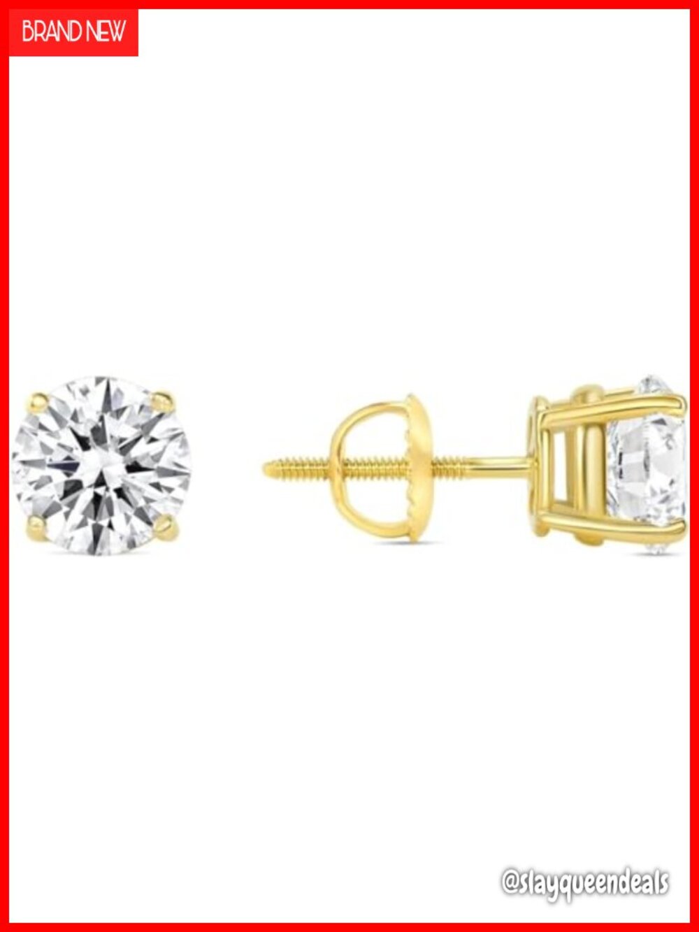 14K Yellow Gold Round Cut Lab Created Diamond Stud Earrings Push Back
